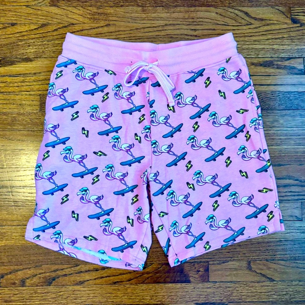 No Boundaries Shorts, Pink, Flamingoes on Skateboards, Size small